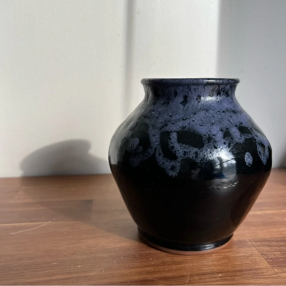 Textured Glaze Brutalist Ceramic Pottery Vase Black and Blue/Purple